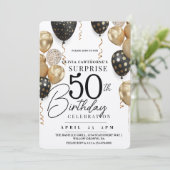 Moderne Witte en gouden zwarte ballon 50e verjaard Kaart (Staand voorkant)