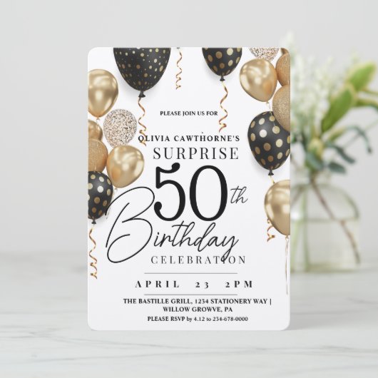 Moderne Witte en gouden zwarte ballon 50e verjaard Kaart (Staand voorkant)