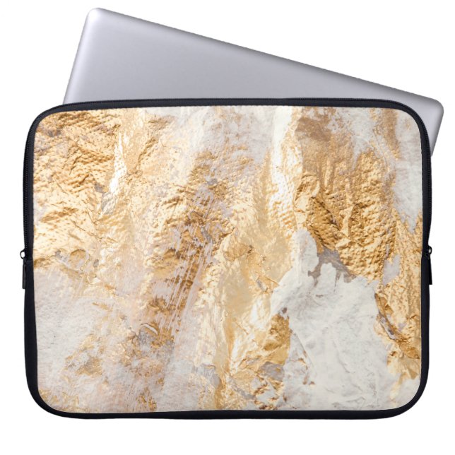Moderne witte en goudpenseel gekleurde achtergrond laptop sleeve (Voorkant)