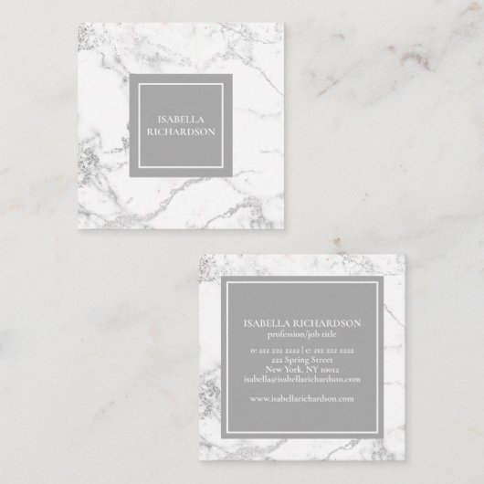Moderne witte en grijze marmer vierkante visitekaartje (Voorkant / Achterkant)
