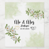 Moderne Witte en Groene Bloemen Mr & Mrs Waterverf Wijn Etiket (Enkel label)