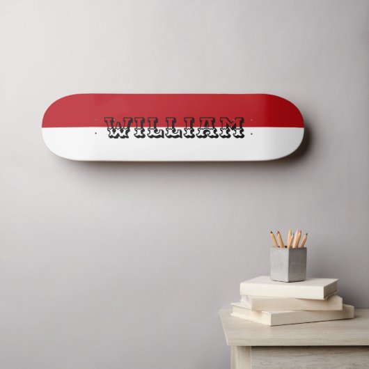 moderne witte en rode gepersonaliseerde naam persoonlijk skateboard (Muurkunst (Horizontaal))