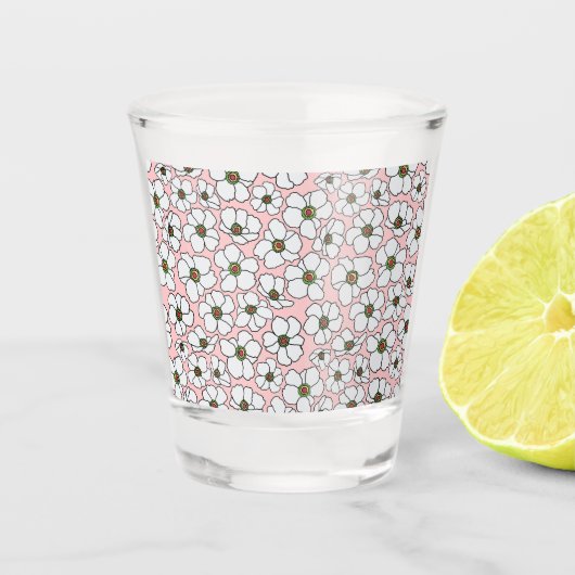 Moderne witte en roze bloemen shot glas (Voorkant)