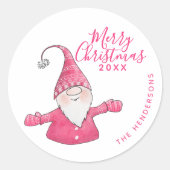 Moderne Witte en Roze Gnoom Custom Merry Christmas Ronde Sticker (Voorkant)