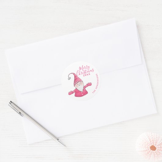 Moderne Witte en Roze Gnoom Custom Merry Christmas Ronde Sticker (Envelop)