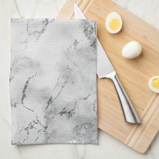 Moderne witte en zilveren glitter-marmer theedoek (Quarter Fold)