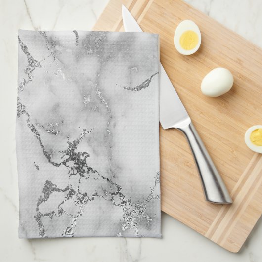 Moderne witte en zilverkleurige marmer theedoek (Quarter Fold)