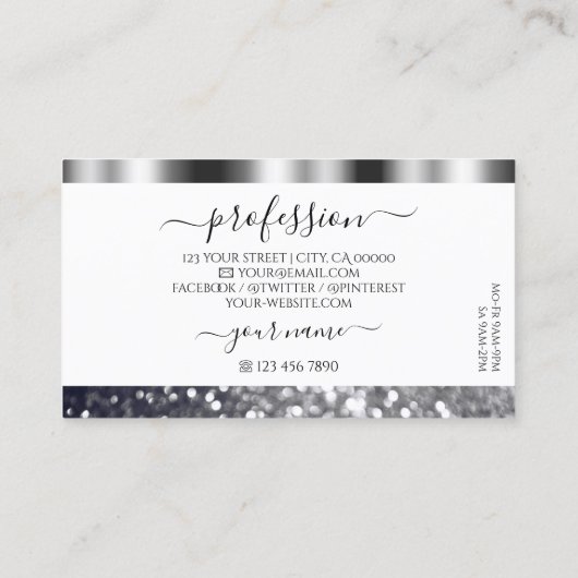 Moderne witte en zilvermousserende glittermug visitekaartje (Achterkant)