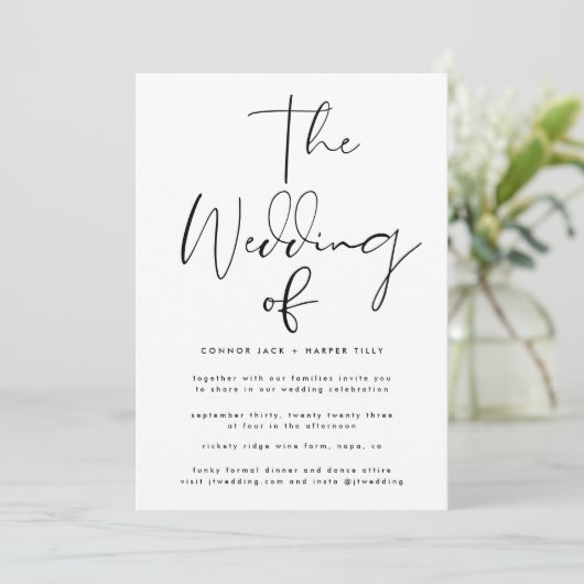 Moderne witte en zwarte bruiloft kaart (Staand voorkant)