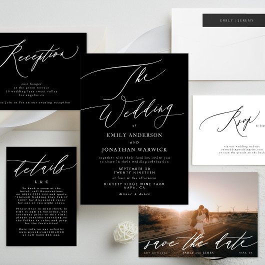 Moderne witte en zwarte eenvoudige trouwdag kaart