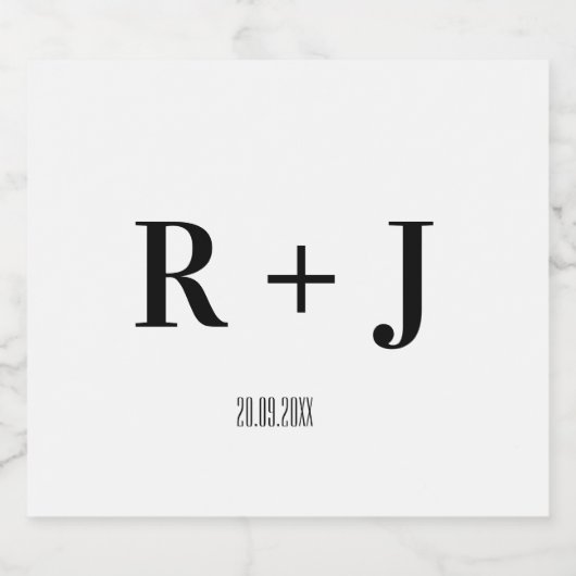 Moderne Witte en Zwarte Monogram Bruiloft Sparkling Wijnetiket (Enkel label)