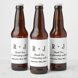 Moderne witte en zwarte monogram Dank je huwelijk Bier Etiket