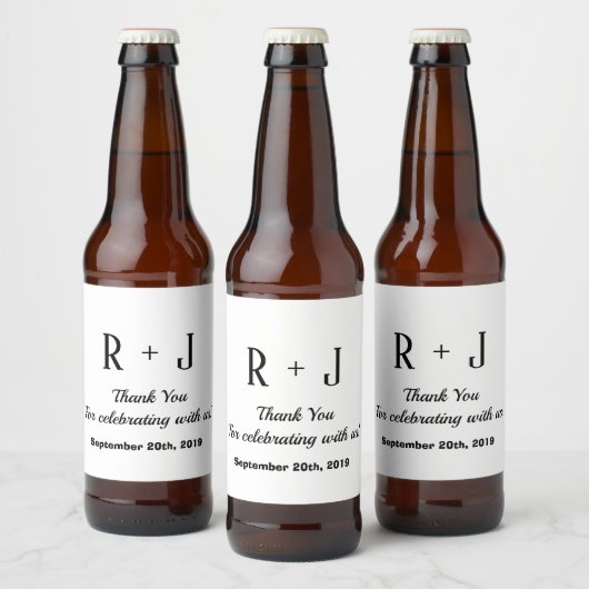 Moderne witte en zwarte monogram Dank je huwelijk Bier Etiket (Flessen)