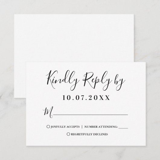 Moderne, witte en zwarte-Script-antwoordkaart RSVP Kaartje (Voorkant / Achterkant)