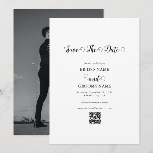 Moderne witte en zwarte scriptiekoppel fotobruilof save the date (Voorkant / Achterkant)