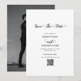 Moderne witte en zwarte scriptiekoppel fotobruilof save the date