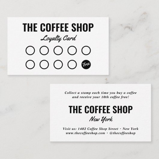 Moderne witte en zwarte vlakke eenvoudige coffeesh klantenkaartje (Voorkant / Achterkant)