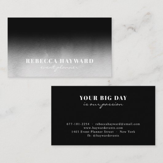 Moderne witte en zwarte waterverf ombre elegant visitekaartje (Voorkant / Achterkant)