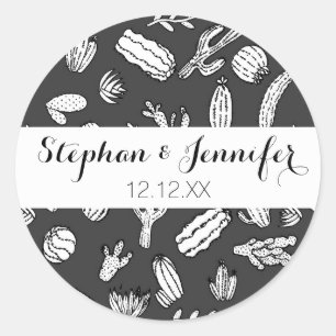 Moderne witte en zwarte zuchtige cactus ronde sticker