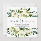 Moderne witte flora Groene Eerste Heilige Communie Kaart (Voorkant)