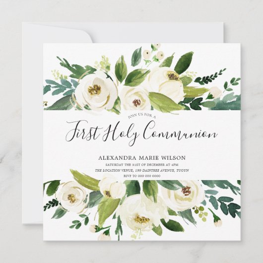 Moderne witte flora Groene Eerste Heilige Communie Kaart (Voorkant)