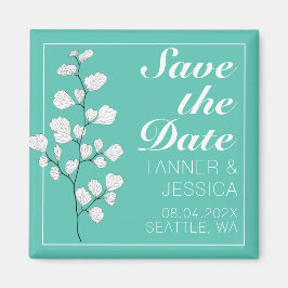 Moderne witte flora op Aqua Save the Date Magneet