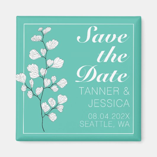 Moderne witte flora op Aqua Save the Date Magneet (Voorkant)