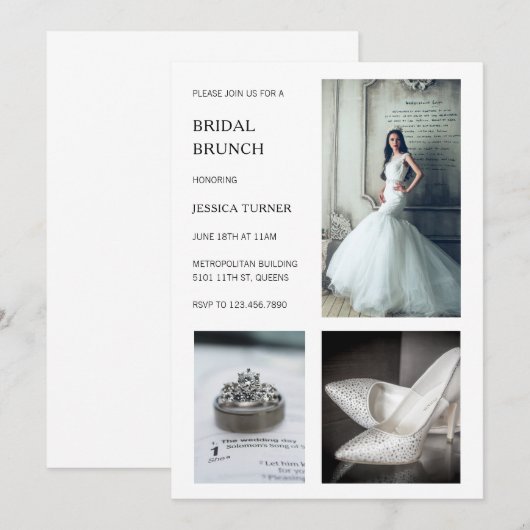 Moderne witte fotocollage bruidsbrunch kaart (Voorkant / Achterkant)