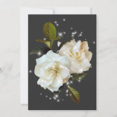Moderne witte gardenia's op zwart sprankle bruilof kaart (Achterkant)