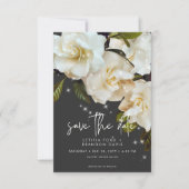 Moderne witte gardenia's op zwart sprankle bruilof save the date (Voorkant)