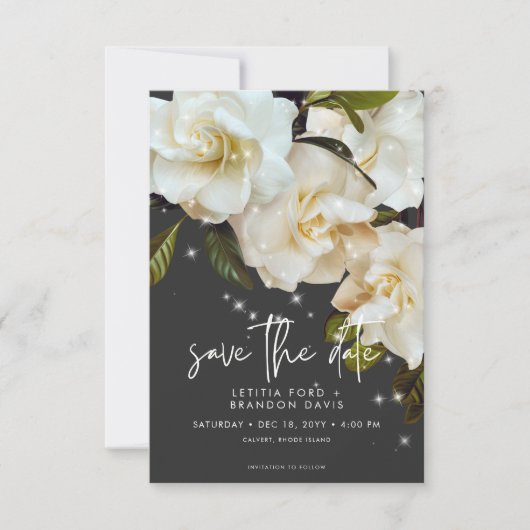 Moderne witte gardenia's op zwart sprankle bruilof save the date (Voorkant)