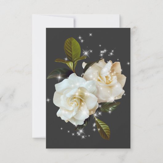 Moderne witte gardenia's op zwart sprankle bruilof save the date (Achterkant)