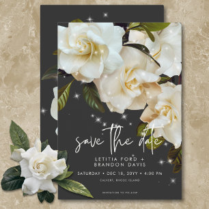 Moderne witte gardenia's op zwart sprankle bruilof save the date