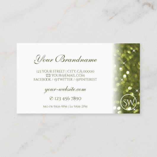 Moderne witte gele groene sparkle Glitter-Initiale Visitekaartje (Achterkant)