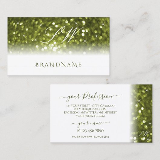 Moderne witte gele groene sparkle Glitter Monogram Visitekaartje (Voorkant / Achterkant)