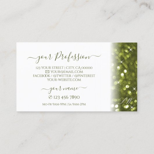 Moderne witte gele groene sparkle Glitter Monogram Visitekaartje (Achterkant)