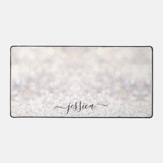 Moderne witte glitter scriptnaam bureaumat (Voorkant)
