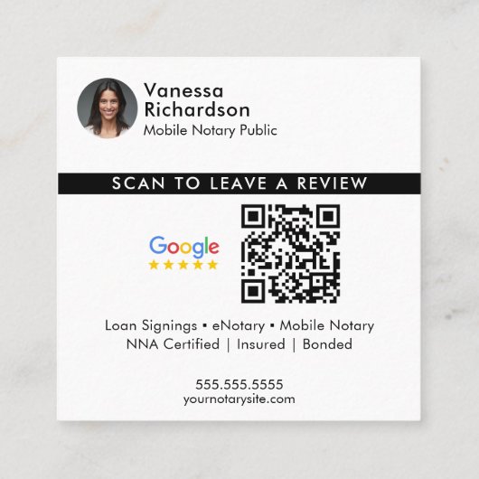 Moderne Witte Google Review QR Notaris Dank u Vierkante Visitekaartje (Achterkant)