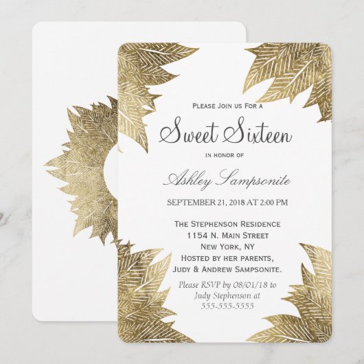 Moderne witte goudbladeren Sweet 16 Kaart (Voorkant / Achterkant)