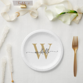 Moderne witte gouden aangepaste monogram naam scri papieren bordje
