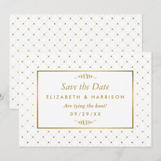 Moderne witte & gouden folie-effect save the date (Voorkant / Achterkant)