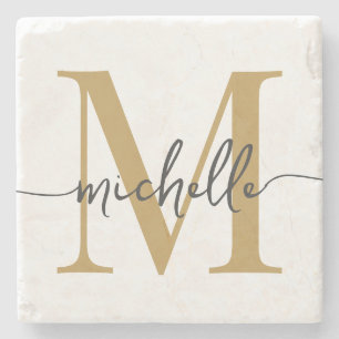 Moderne witte gouden monogramnaam elegante scriptl stenen onderzetter