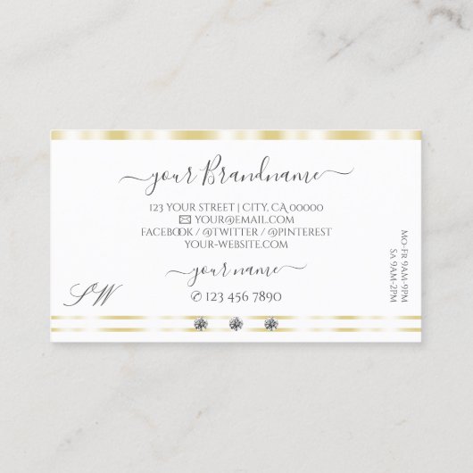 Moderne witte gouden rand monogram met spaardiaman visitekaartje (Achterkant)