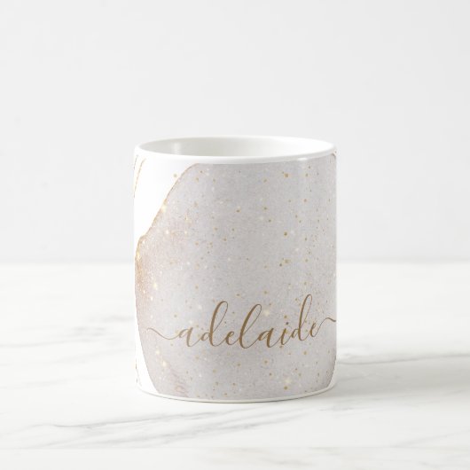 Moderne witte goudglitter-monogram naam koffiemok (Center)