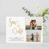 Moderne witte goudlegant kalligrafie Foto Save The Date (Staand voorkant)