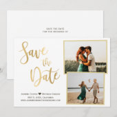 Moderne witte goudlegant kalligrafie Foto Save The Date (Voorkant / Achterkant)