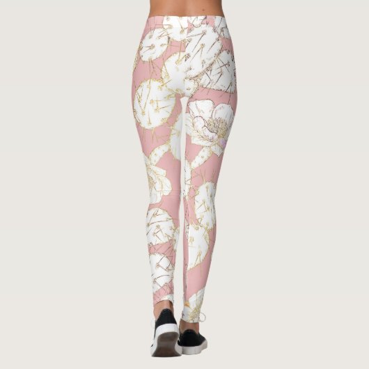 Moderne witte goudroze roze katus Floral Pattern Leggings (Achterkant)
