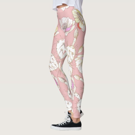 Moderne witte goudroze roze katus Floral Pattern Leggings (Links)