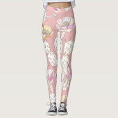 Moderne witte goudroze roze katus Floral Pattern Leggings (Voorkant)