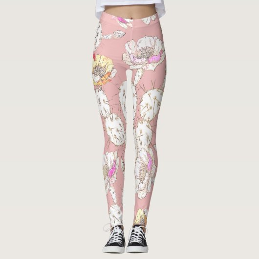 Moderne witte goudroze roze katus Floral Pattern Leggings (Voorkant)